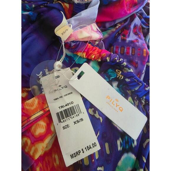 NWT PilyQ Tribal Fire Nori Dress Colorful Halter Neck Asymmetric Hem XS/S - Picture 7 of 11